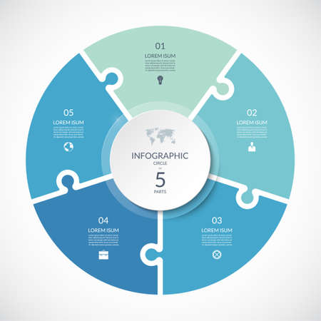 Vector infographic puzzle circular template. Cycle diagram with 5 parts, options. Can be used for chart, graph, report, presentation, web design.のイラスト素材