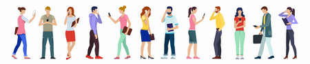 Set of people using smartphones. Collection of flat male and female characters with phones.のイラスト素材