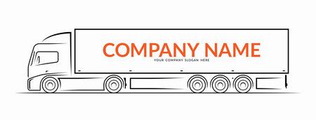 European semi truck with trailer, road train silhouette, outlined contour, side view with place for logo. Vector illustration isolated on white backgroundのイラスト素材