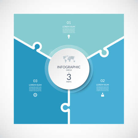 Infographic square template in puzzle style. Vector cycle diagram with 3 parts, options. Can be used for chart, graph, report, presentation, web design.のイラスト素材