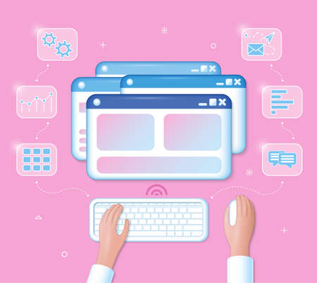 Efficient work in a computer user interface. Top view of a desktop with human hands using the wireless keyboard and mouse and working with pop-up windows and application icons. Vector illustrationのイラスト素材