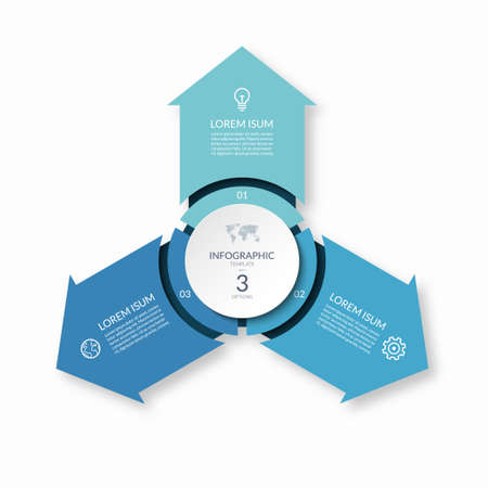 Infographic circle with 3 arrows pointing from the center . 3-step vector template for business infographics.のイラスト素材