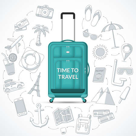 Travel suitcase with retractable handle and wheels and the set of tourism, journey, trip, tour, summer vacation doodle icons. Time to travel concept vector illustrationのイラスト素材