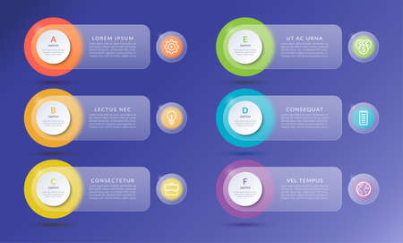 Infographic options banner with glass effect. Template with 6 options, steps, parts with place for text and icons.のイラスト素材