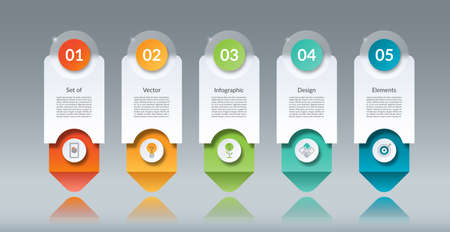 Infographic design elements. Template of 5 arrows, options, steps, parts. Banner with place for text and icons. Glass effect. Vector background.の写真素材