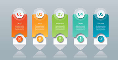 Infographic design elements. Template of 5 arrows, options, steps, parts. Banner with place for text and icons. Glass effect. Vector background.のイラスト素材