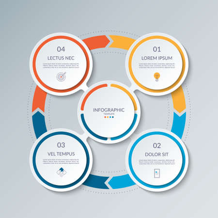 Infographic circle with 4 options, parts. 4-step vector template for business infographics. Process chart, cycle diagram for business presentation, report, brochure, web, data visualization.のイラスト素材