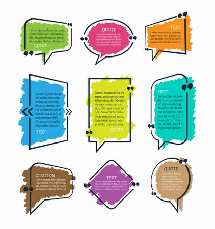 Quote speech bubble, blank template, text in quotation marks, blank quote box on colorful background. Vector illustration.のイラスト素材