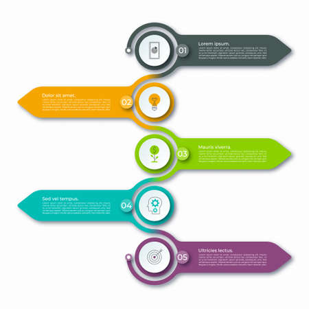 Minimal arrow infographic template with 5 step arrows and circles with place for text and icons. Can be used for diagram, graph, chart, report, web design. Vector illustrationのイラスト素材