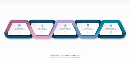 Infographic timeline template. Trapezoidal design elements surrounded with a multicolor flowing ribbon. Can be used for brochure, presentation, report, chart, graph, web design.の写真素材