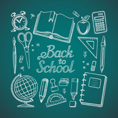 Back to school. Hand drawn lettering with the set of doodle icons of school supplies: schoolbook, notebook, stationary, pen, pencil, marker, globe, alarm clock, calculator. Vector illustrationのイラスト素材