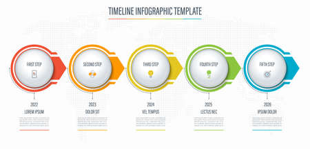 Timeline infographic template of 5 steps, circles, arrows. Banner with place for text and icons. Vector backgroundのイラスト素材