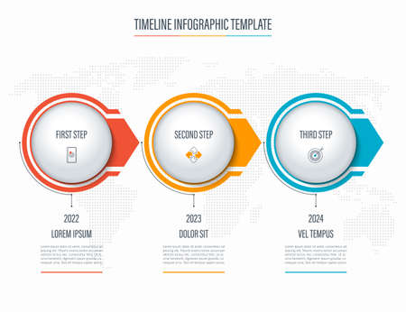 Timeline infographic template of 3 steps, circles, arrows. Banner with place for text and icons. Vector backgroundのイラスト素材