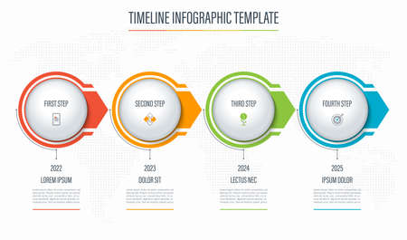 Timeline infographic template of 4 steps, circles, arrows. Banner with place for text and icons. Vector backgroundのイラスト素材