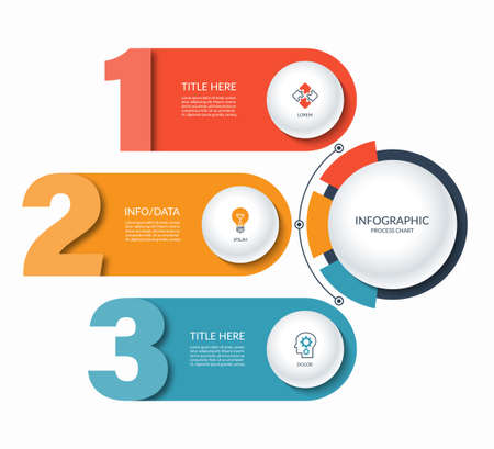Infographic semi circular template with 3 numbered bars with place for text and icons. Can be used as a chart, workflow layout, diagram, data visualization, minimalistic web banner.のイラスト素材