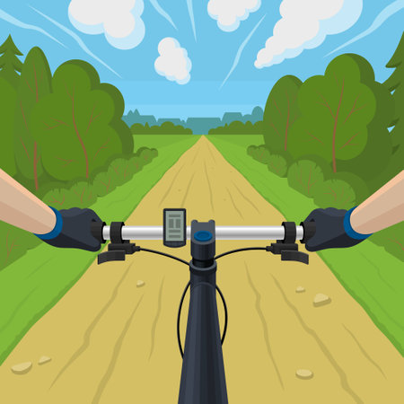 Summer bike ride. Hands on the handlebar of a bicycle. Bike travel on the forest road. POV from the eyes of a cyclist. Vector illustration in flat styleのイラスト素材