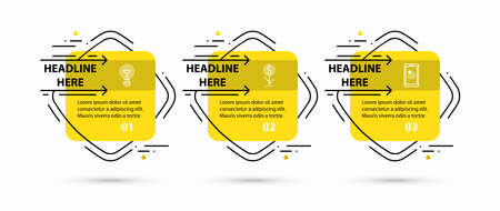 Vector infographic design template with 3 steps, numbered options, square elements with rounded edges. Business concept in minimalist thin line flat style. Diagram, flowchart, timeline, process chart.のイラスト素材