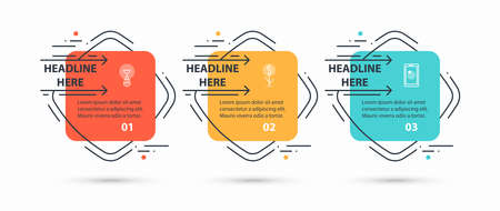 Vector infographic design template with 3 steps, numbered options, square elements with rounded edges.のイラスト素材