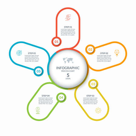 Infographic round chart with 5 steps, parts, options, processes. Vector circle infographic concept. Cycle diagram with thin line icons.のイラスト素材