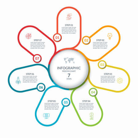 Infographic round chart with 7 steps, parts, options, processes. Vector circle infographic concept. Cycle diagram with thin line icons.のイラスト素材