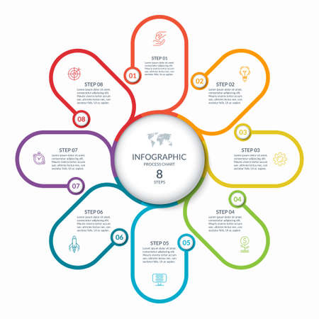 Infographic round chart with 8 steps, parts, options, processes. Vector circle infographic concept. Cycle diagram with thin line icons.のイラスト素材