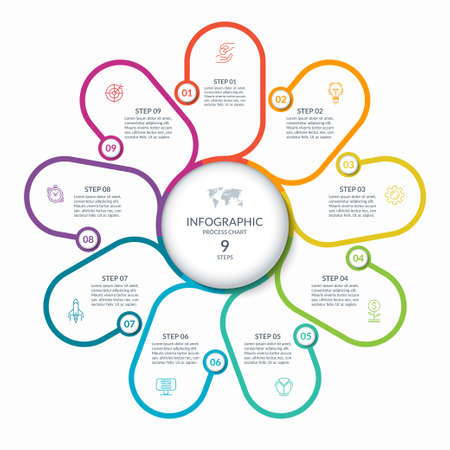 Infographic round chart with 9 steps, parts, options, processes. Vector circle infographic concept. Cycle diagram with thin line icons.のイラスト素材