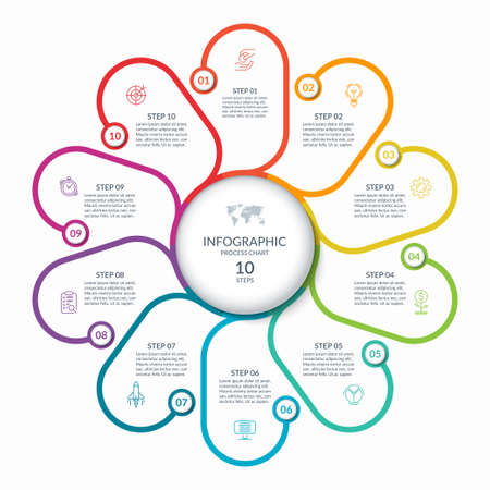 Infographic round chart with 10 steps, parts, options, processes. Vector circle infographic concept. Cycle diagram with thin line icons.のイラスト素材