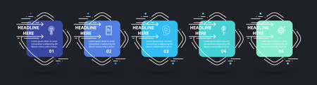 Vector infographic design template with 5 steps, numbered options, square elements with rounded edges. Business concept in minimalist thin line flat style. Diagram, flowchart, timeline, process chart.のイラスト素材