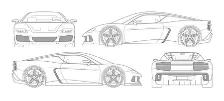Modern sports car mockup in outlines, contours. Set of blueprints of non-existent supercar. Side, front, rear view of a sportscar isolated on white background. Vector template for coloring, branding.のイラスト素材