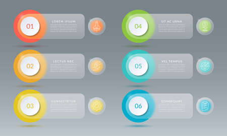 Set of infographic design elements with glass effect. Abstract template with 6 numbered steps, options with place for text and icons. Vector backgroundの写真素材