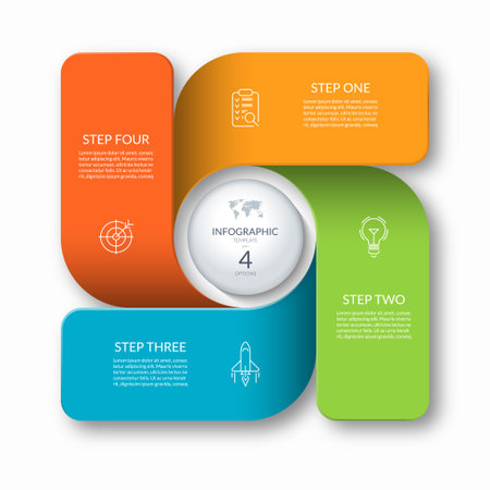 Modern business infographic template with 4 steps, parts, options. Vector cycle diagram with place for text and iconsのイラスト素材