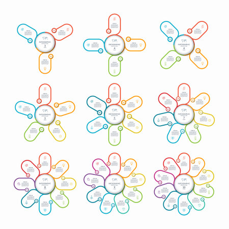 Set of infographic round charts with 3, 4, 5, 6, 7, 8, 9, 10 steps, parts, options.の写真素材