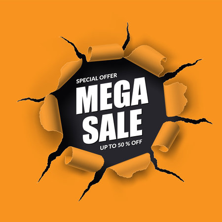 Mega Sale banner in the form of torn hole with ripped edges in the sheet of paper.のイラスト素材