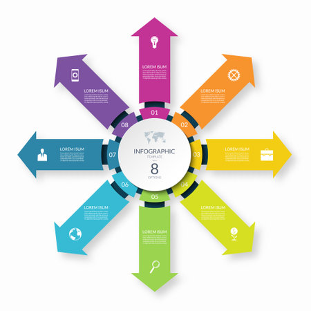 Infographic circle with 8 arrows directed from the center . 8-step colorful vector template for business infographics.のイラスト素材