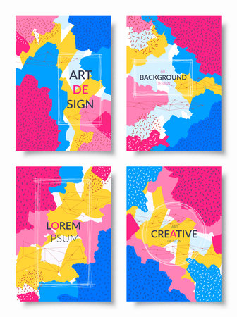 Set of minimalistic colored design templates, abstract artistic backgrounds in trendy hipster memphis casual style. A4 vector borders, frames with vivid colors and textures.のイラスト素材