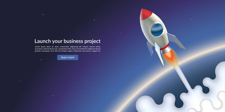 Space rocket launch. Concept of a new business project startup. Vector illustration in 3d styleのイラスト素材