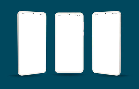 White smartphone mockup on dark blue backgound. Set of white smartphone templates with white blank screen.のイラスト素材
