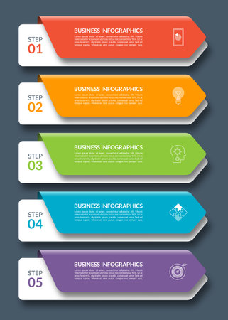 Infographic arrows. Business template with 5 steps, options, parts. Can be used for diagram, chart, web design. Vector illustration.の写真素材