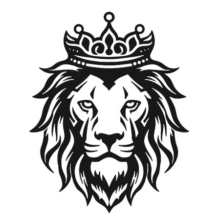 Lion head with crown. Vector illustration in black and white colorsのイラスト素材