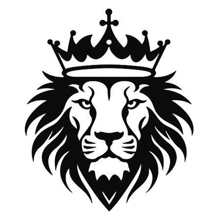 Lion head with crown. Black and white vector illustration isolated on white background.のイラスト素材