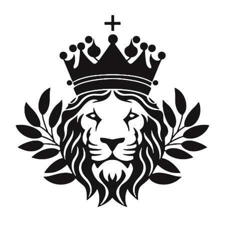 Lion head with crown and laurel wreath. Vector illustrationのイラスト素材