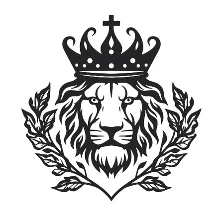 Lion head with crown and laurel wreath. Heraldic vector design element for logo, label, emblem, sign, poster, badge.のイラスト素材