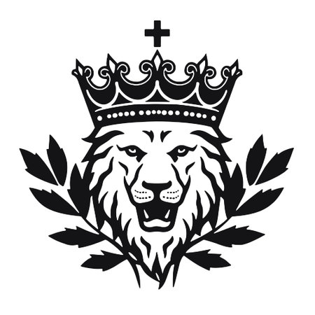 Lion head with crown and laurel wreath. Vector illustration.のイラスト素材