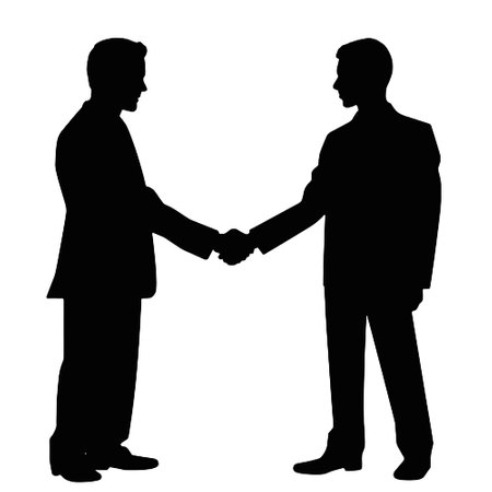 Vector silhouette of two businessmen shaking hands on white background. Symbol of business deal.のイラスト素材
