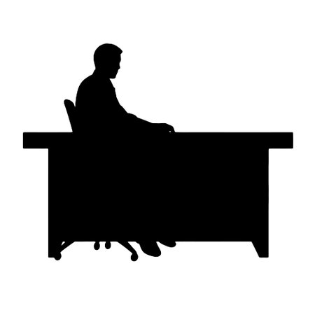 Vector silhouette of a man sitting at a desk on a white background.のイラスト素材