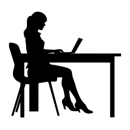 silhouette of businesswoman sitting at the desk with laptop on white backgroundのイラスト素材