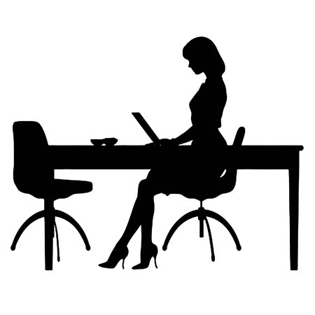 Silhouette of businesswoman sitting at the table with laptop.のイラスト素材