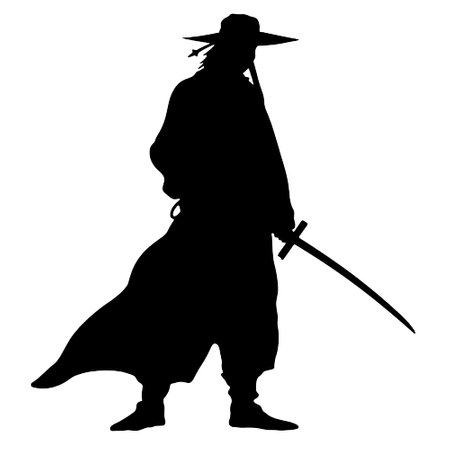 Silhouette of a man in a hat with a sword on a white backgroundのイラスト素材