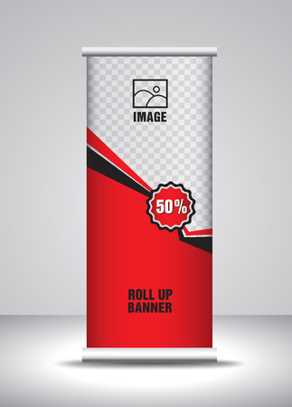 Red Roll up banner template vector, banner, stand, exhibition design, advertisement, pull up, x-banner and flag-banner layout, polygon backgroundのイラスト素材