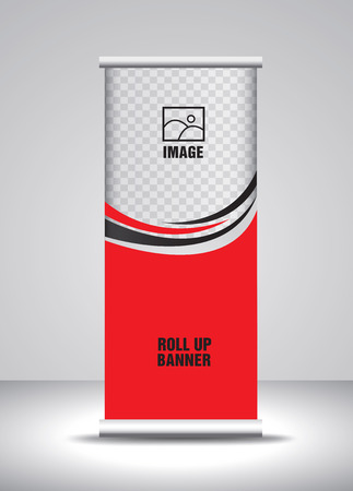 Red Roll up banner template vector, banner, stand, exhibition design, advertisement, pull up, x-banner and flag-banner layout, polygon backgroundのイラスト素材